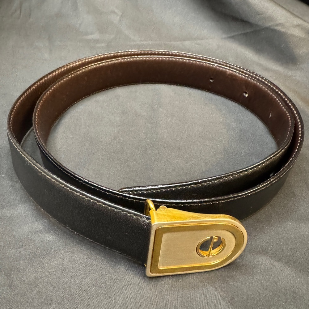 Dunhill Logo Men's Black Leather Belt with Silver and Gold Buckle Size 36/90